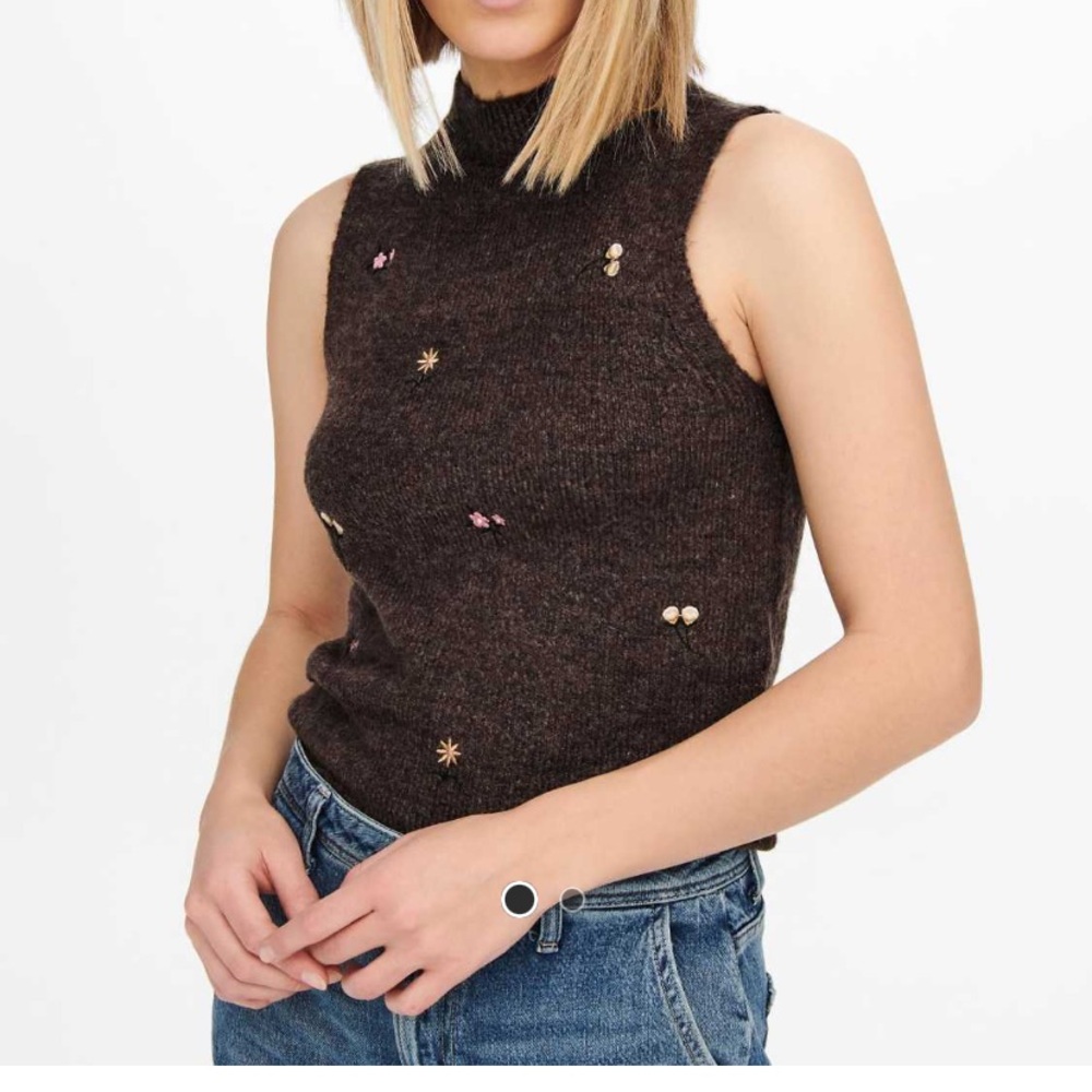 ASOS JDY knitted tank top with floral embroidery in chocolate brown. Size S